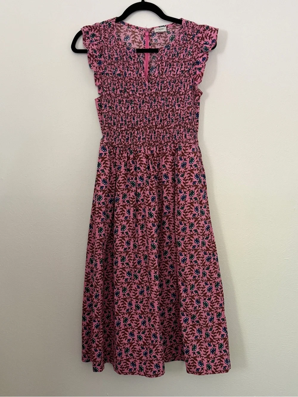 J. Crew Smocked Pink Floral Flutter-Sleeve Midi Dress Size Small